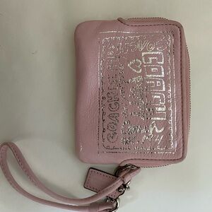 Coach Poppy Pink Wristlet Wallet. Blue grey interior.